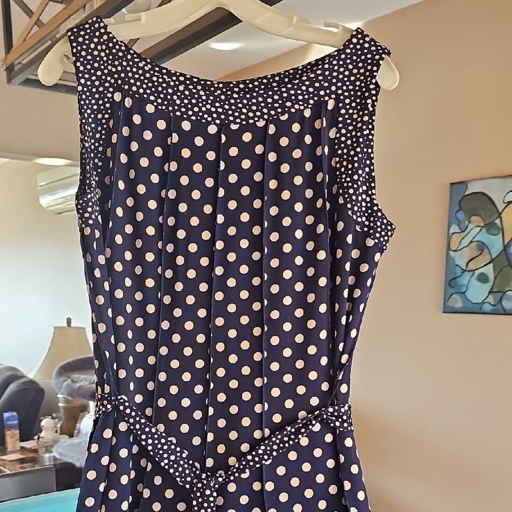 Perceptions New York Navy and Tan Polka Dot Dress Size 14